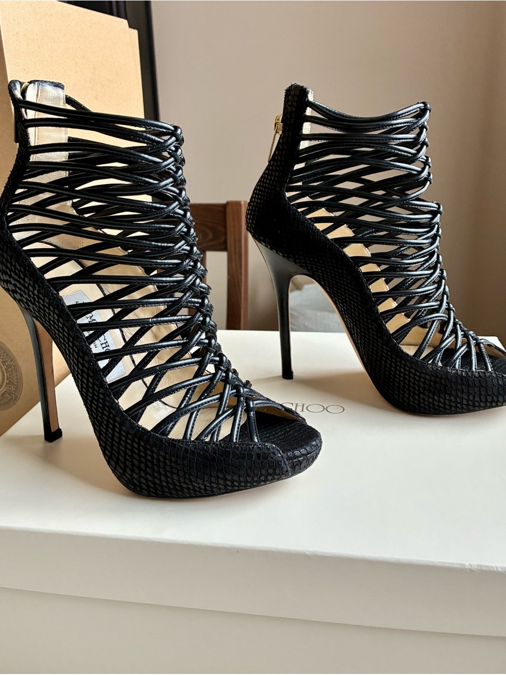 Jimmy Choo Black Strappy Cage Stiletto Sandals